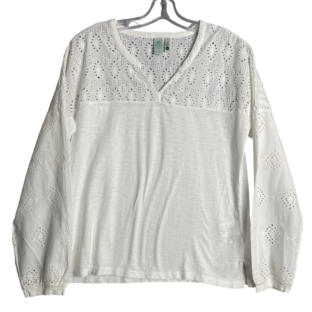 Aventara Organic‎ Cotton Eyelet Lace Top Womens S White Slub V Neck Preppy Boho